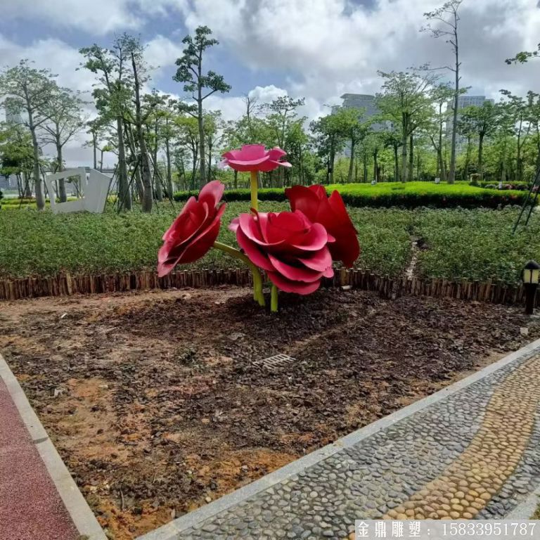 不銹鋼仿真玫瑰花雕塑，公園花朵雕塑1