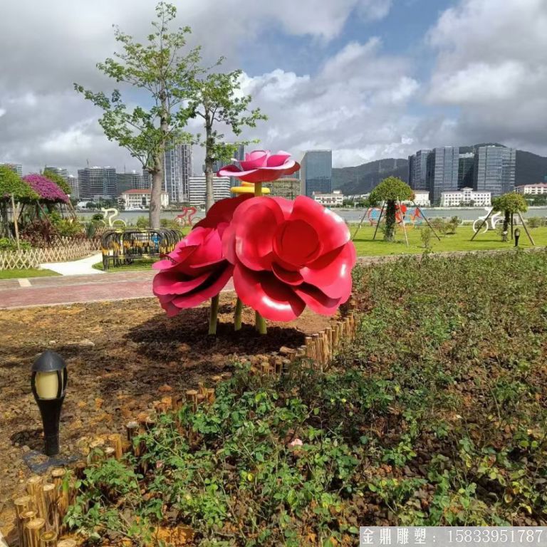 不銹鋼仿真玫瑰花雕塑，公園花朵雕塑2