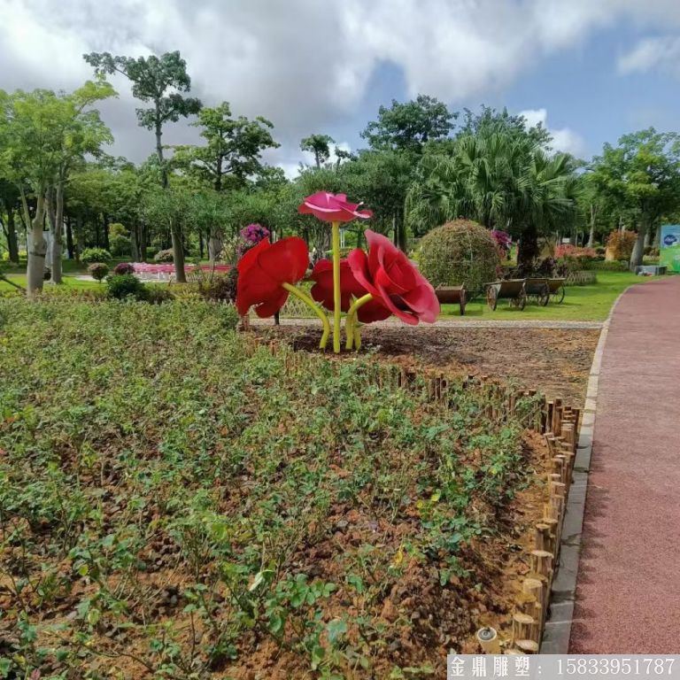 不銹鋼仿真玫瑰花雕塑，公園花朵雕塑6